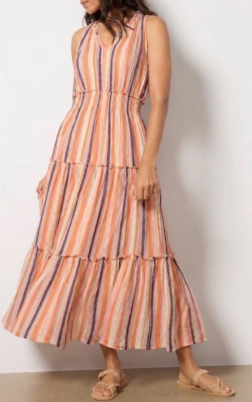 Rails Loulou Maxi Dress S Papaya Striped Smocked Tiered Beach Boho Coastal EUC